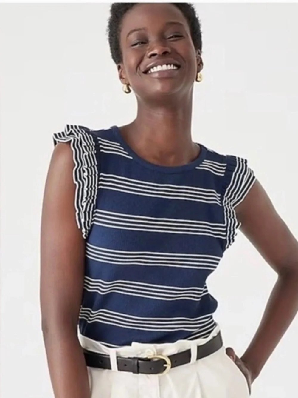 J. Crew Striped Ruffle-Sleeve Ribbed Tank Top in Navy & White.Size M